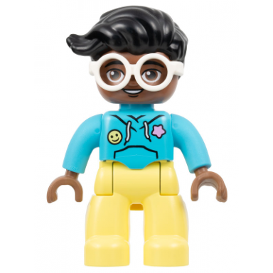 duplo figure lego ville female bright light yellow legs medium azure hoodie shirt white glasses black hair