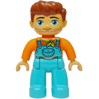 duplo figure lego ville male medium azure legs with overalls and pocket lime bandana reddish brown hair and stubble