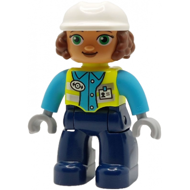 duplo figure lego ville female dark blue legs neon yellow vest with name tag and train logo medium azure shirt light bluish gray hands white construction helmet