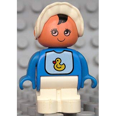 duplo figure child type 1 baby white legs bib with duck pattern white bonnet