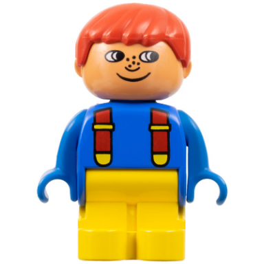 duplo figure child type 1 boy yellow legs blue top with red suspenders red hair freckles white in eyes