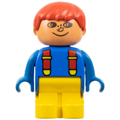 duplo figure child type 1 boy yellow legs blue top with red suspenders red hair freckles