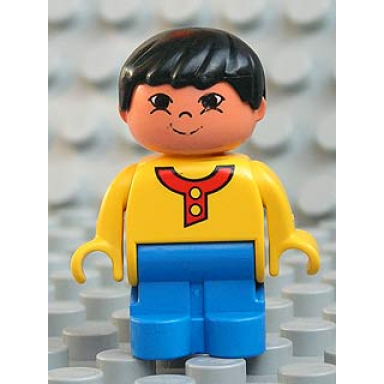 duplo figure child type 1 boy blue legs yellow top with buttons and red collar black hair grin