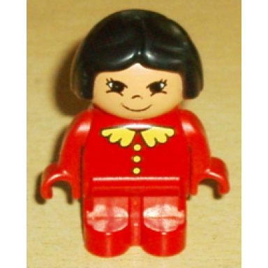 duplo figure child type 1 girl red legs red top with yellow buttons and collar black hair eyelashes grin
