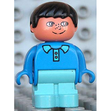 duplo figure child type 1 boy maersk blue legs blue top with collar and 2 buttons black hair