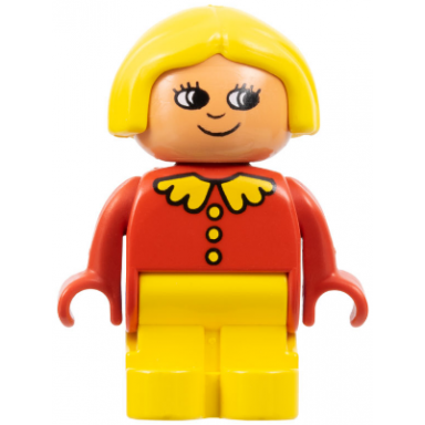 duplo figure child type 1 girl yellow legs red top with collar and 3 buttons yellow hair white in eyes