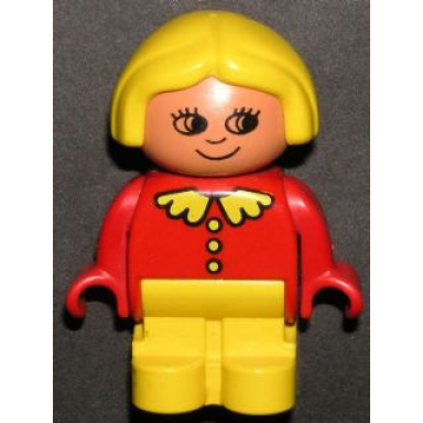 duplo figure child type 1 girl yellow legs red top with collar and 3 buttons yellow hair
