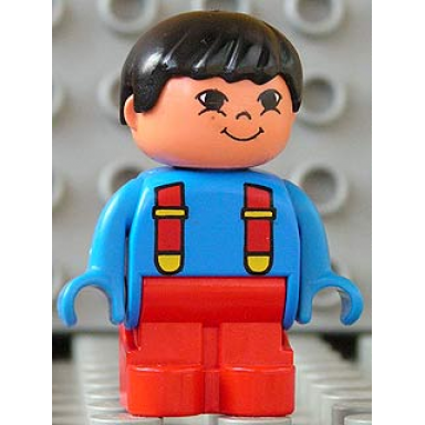 duplo figure child type 1 boy red legs blue top with red suspenders black hair