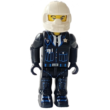police - black legs black jacket white helmet yellow head