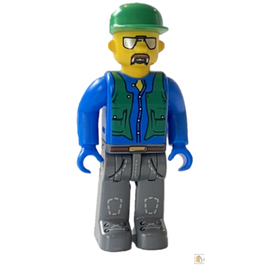 construction worker with blue shirt green vest and cap sunglasses and moustache