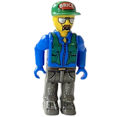 construction worker with blue shirt green vest and cap with the word brick sunglasses and moustache