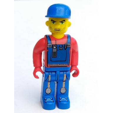 tractor driver with blue overalls red shirt plain blue cap beard stubble