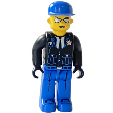 police - blue legs black jacket blue cap sunglasses
