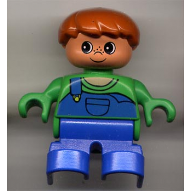 duplo figure child type 2 boy blue legs green top with blue overalls with one strap