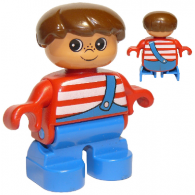 duplo figure child type 2 boy blue legs red top with white stripes and blue overalls with one strap
