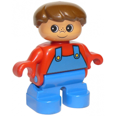 duplo figure child type 2 boy blue legs red top with blue overalls brown hair
