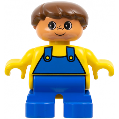 duplo figure - male child boy blue legs yellow top with overalls pattern brown hair nougat head 75487