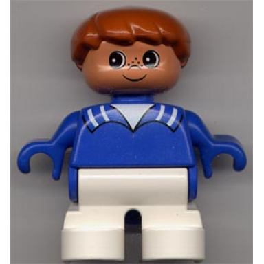 duplo figure child type 2 boy white legs blue top with white stripes on collar brown hair