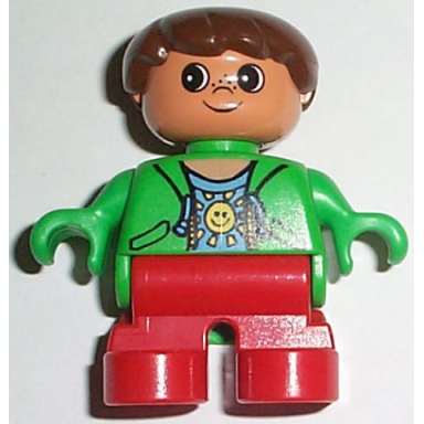 duplo figure child type 2 boy red legs green top with sun pattern shirt brown hair