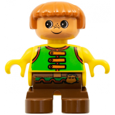 duplo figure child type 2 boy brown legs bright green vest with brown straps and belt with sash