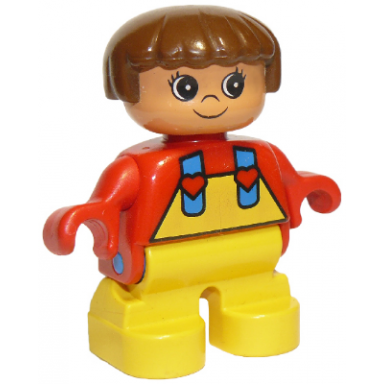 duplo figure child type 2 girl yellow legs red top with yellow overalls and hearts on straps
