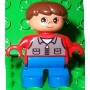 duplo figure child type 2 boy blue legs red top with dark gray shirt brown hair