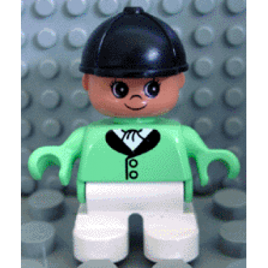 duplo figure child type 2 girl white legs medium green riding jacket black riding hat
