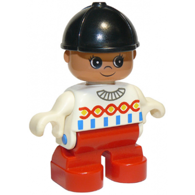 duplo figure child type 2 girl red legs white top with red yellow and blue designs black riding hat