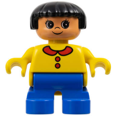 duplo figure child type 2 girl blue legs yellow top with collar and 2 buttons black hair