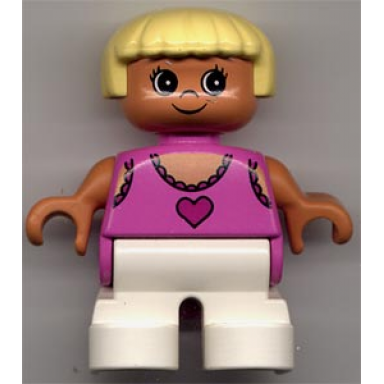 duplo figure child type 2 girl white legs dark pink lace tank top with heart yellow hair
