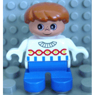 duplo figure child type 2 boy blue legs white sweater with chain pattern dark orange hair