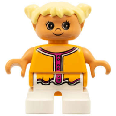 duplo figure child type 2 girl white legs orange and dark pink top light yellow hair pigtails