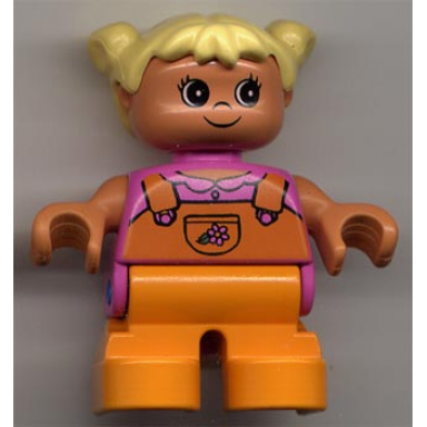 duplo figure child type 2 girl orange legs dark pink top with orange overalls with flower yellow hair pigtails