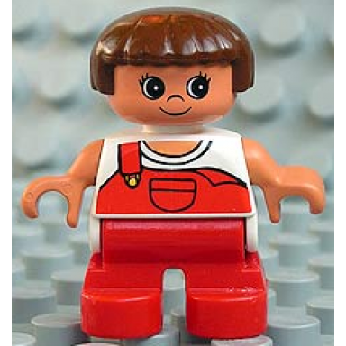 duplo figure child type 2 girl red legs white top with red overalls with one strap