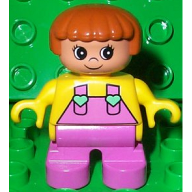 duplo figure child type 2 girl dark pink legs yellow top with dark pink overalls and hearts on straps