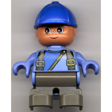 duplo figure child type 2 boy dark gray legs suspenders with yellow zipper blue cap