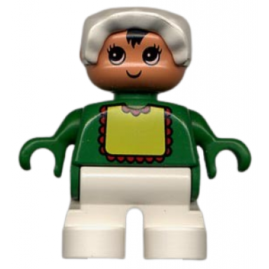 duplo figure child type 2 baby white legs green top with yellow bib with red lace white bonnet 75464