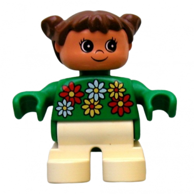 duplo figure child type 2 girl white legs white red and yellow flowers brown hair