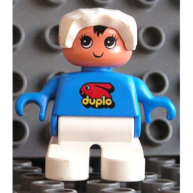 duplo figure child type 2 baby white legs blue top with duplo bunny logo white bonnet