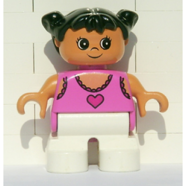 duplo figure child type 2 girl white legs dark pink lace tank top with heart black hair pigtails
