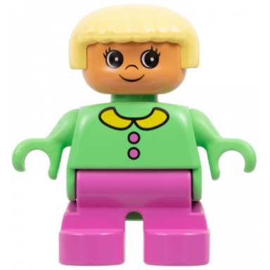 duplo figure - female child girl dark pink legs medium green top with collar and buttons pattern light yellow hair nougat head 75463