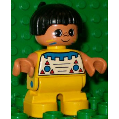 duplo figure child type 2 boy yellow legs top with geometric pattern black hair with feather native american