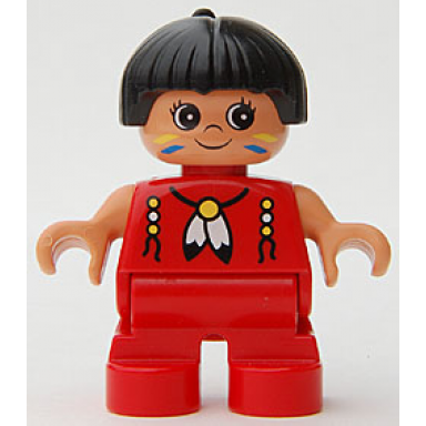duplo figure child type 2 girl red legs red top with feather necklace black hair with feather native american