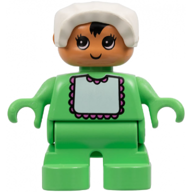 duplo figure - female child baby medium green legs medium green top with bib pattern white bonnet nougat head 75479