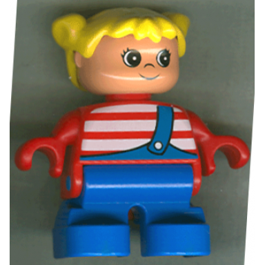 duplo figure child type 2 girl blue legs red top with white stripes yellow hair pigtails