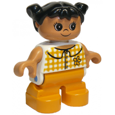 duplo figure child type 2 girl medium orange legs checkered blouse black hair pigtails
