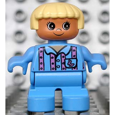 duplo figure child type 2 girl medium blue legs medium blue top with pink stripes and bunny logo light yellow hair