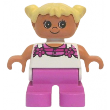 duplo figure child type 2 girl dark pink legs white top with pink stripes and flowers light yellow hair