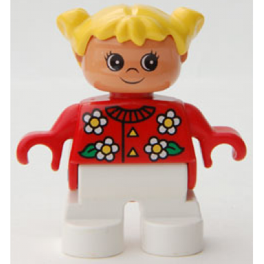 duplo figure child type 2 girl white legs red top with flowers pattern collar and 2 buttons yellow hair pigtails