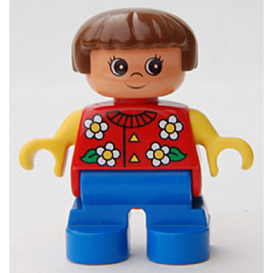 duplo figure child type 2 girl blue legs red torso with flowers pattern collar and 2 buttons yellow arms brown hair